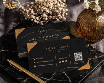 Design für Schönheits-Visitenkarten, individuelle Terminkarten, luxuriöse Visitenkarten in Schwarz-Gold, Buchungskarten mit QR-Code, druckbare Salonkarten