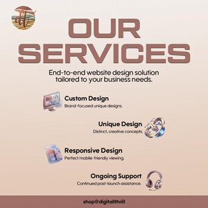 K&ouml;nnte beinhalten: Eine grafische Anzeige mit dem Titel OUR SERVICES und Text &uuml;ber End-to-End-Webdesign-L&ouml;sungen. Sie listet Custom Design, Unique Design, Responsive Design und Ongoing Support mit Symbolen f&uuml;r Computer, Stiftwerkzeug, Mobilger&auml;te und Kopfh&ouml;rer.