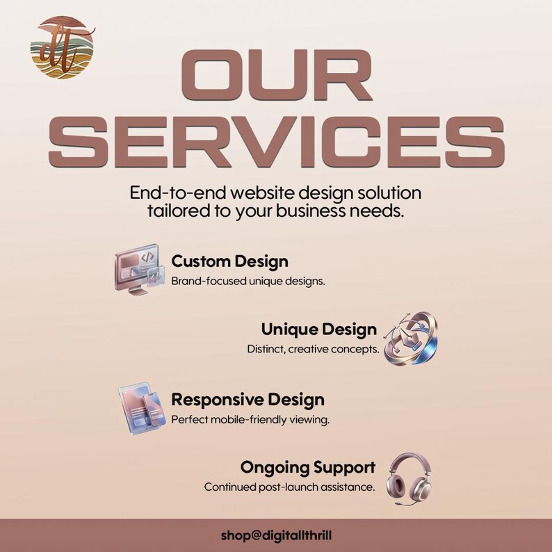 K&ouml;nnte beinhalten: Eine grafische Anzeige mit dem Titel OUR SERVICES und Text &uuml;ber End-to-End-Webdesign-L&ouml;sungen. Sie listet Custom Design, Unique Design, Responsive Design und Ongoing Support mit Symbolen f&uuml;r Computer, Stiftwerkzeug, Mobilger&auml;te und Kopfh&ouml;rer.