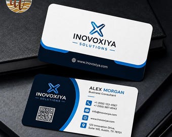 Visitenkartendesign für Berater, individuelle Tech-Visitenkarte, moderne blau-weiße Karte, QR-Code-Visitenkarte, personalisierte Karte für Kleinunternehmen