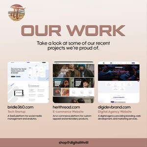 K&ouml;nnte beinhalten: Ein digitales Portfolio mit dem Text OUR WORK und drei Website-Screenshots. Die Seiten sind als bridle360.com, herithread.com und digidevbrand.com gekennzeichnet, mit kurzen Beschreibungen der Unternehmen und einer E-Mail-Adresse am unteren Rand.