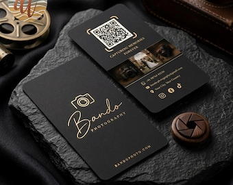 Individuell gestaltete Visitenkarte, Visitenkarte für Fotografen, luxuriöse Visitenkarte mit QR-Code in Schwarz und Gold, personalisierte digitale Visitenkarte, druckbare Karte