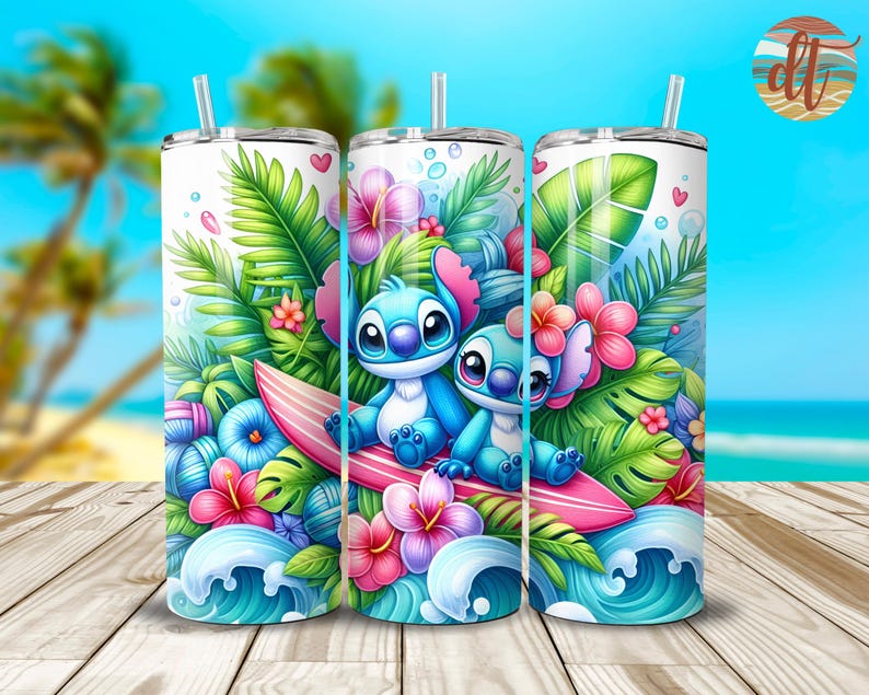 May include: A stainless steel tumbler with a colorful design featuring two blue Stitch characters from Lilo & Stitch riding a surfboard in a tropical setting with palm leaves, flowers, and ocean waves.