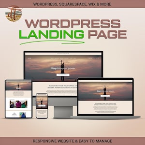 May include: A digital display showing a WordPress landing page design across a desktop monitor, a laptop, a tablet, and a smartphone. The screens feature a sunset yoga theme with the text Step into your power and WordPress, Squarespace, Wix & More.