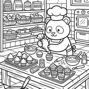 Può includere: Illustrazione in bianco e nero di uno chef panda che prepara cupcake in una cucina. L'immagine include scaffali con forniture per la panificazione, una lavagna dei menu e il testo "A Pure-fect Baking Day for a Little Chef!"