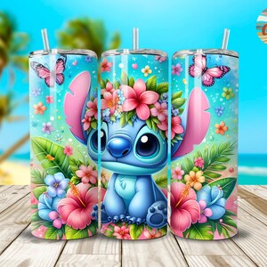 May include: A blue and pink stainless steel tumbler with a cartoon Stitch character wearing a flower crown. The tumbler has a tropical floral design with butterflies.