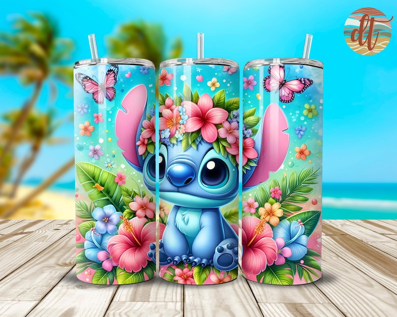 May include: A blue and pink stainless steel tumbler with a cartoon Stitch character wearing a flower crown. The tumbler has a tropical floral design with butterflies.