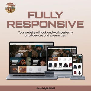 K&ouml;nnte beinhalten: Eine digitale Grafik mit einem Laptop, einem Tablet und einem Smartphone, die ein Website-Layout zeigen. Der Text lautet FULLY RESPONSIVE, Your website will look and work perfectly on all devices and screen sizes, sowie shop@digitallthrill.