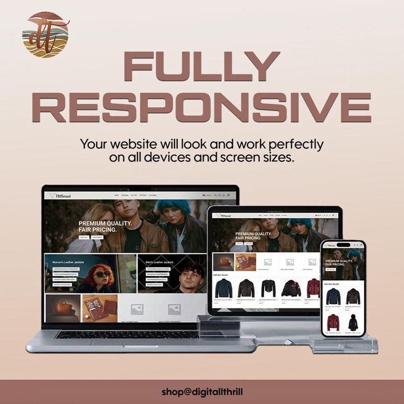 K&ouml;nnte beinhalten: Eine digitale Grafik mit einem Laptop, einem Tablet und einem Smartphone, die ein Website-Layout zeigen. Der Text lautet FULLY RESPONSIVE, Your website will look and work perfectly on all devices and screen sizes, sowie shop@digitallthrill.