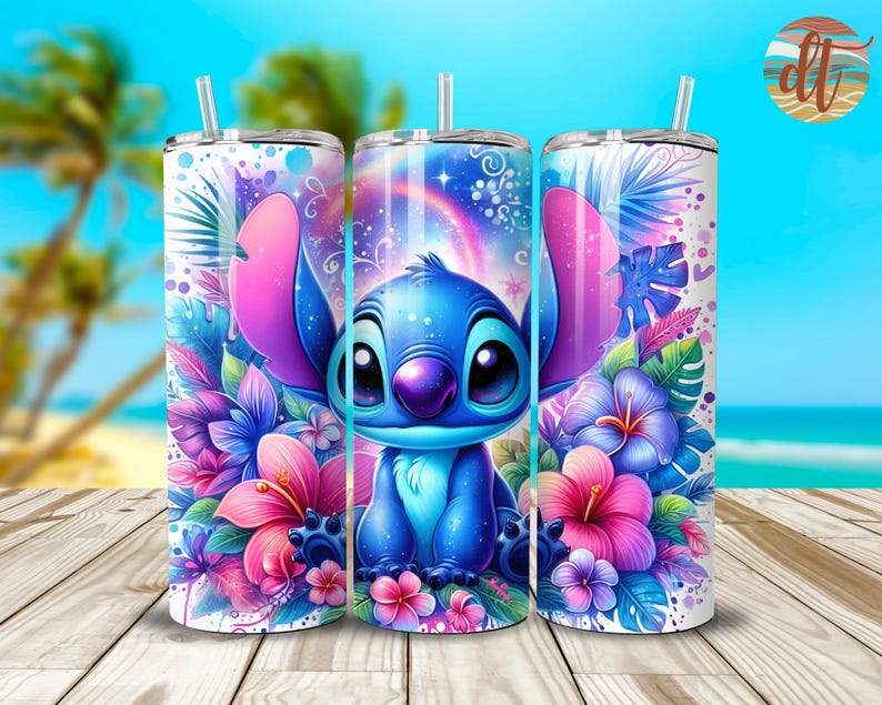 May include: A stainless steel tumbler with a colorful design featuring Stitch from Lilo & Stitch. The design includes tropical flowers and a galaxy background.