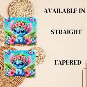 May include: Two images of a blue Stitch character from Lilo & Stitch. Stitch is wearing a flower crown and surrounded by flowers. The text "AVAILABLE IN" is above the images and the text "STRAIGHT" and "TAPERED" are below the images.