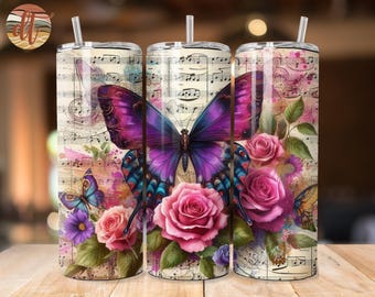 Glitzy Purple Butterfly Wrap, Dreamy Floral 20oz Skinny Tumbler, Radiant Butterfly Garden PNG, Watercolor Purple Flower Wrap, Seamless