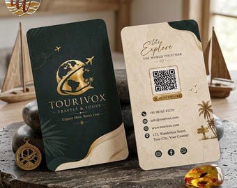 Visitenkartendesign für Reisebüros, individuelle Visitenkarte für Reisebüros, luxuriöse Visitenkarte mit QR-Code, personalisierte Tourismus-Visitenkarte, Green-Gold-Karte