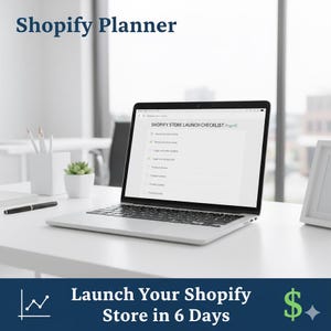 Puede incluir: Un portátil que muestra una lista de verificación de lanzamiento de la tienda Shopify en un escritorio blanco. El texto "Shopify Planner" está en la parte superior. Debajo, el texto dice "Lanza tu tienda Shopify en 6 días". Un bolígrafo, una pequeña planta y un marco de fotos también están en el escritorio.