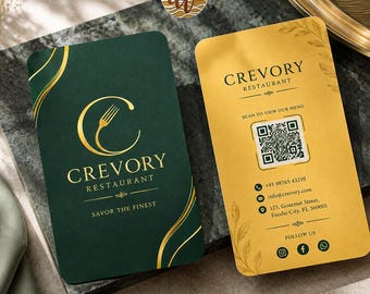 Restaurant-Visitenkarten-Design, individuelle Café-Visitenkarte, Speisekarte mit QR-Code, luxuriöse Visitenkarte in Grün und Gold, personalisierte Visitenkarte für die Gastronomie