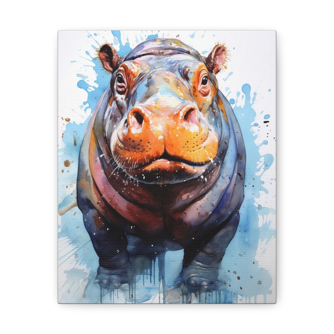 Colorful Watercolor Painting of Hippo on Canvas - Etsy