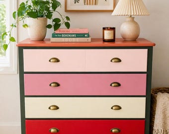 Colorful Painted Dresser Boho Vintage Style Solid Wood Chest Floral Drawer Liner Nursery Furniture Statement Piece Free Shipping