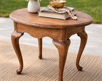 Vintage Solid Wood Side Table | Cabriole Leg Accent Table | Refinished Round End Table | Bedside Table | Cottage Style Decor