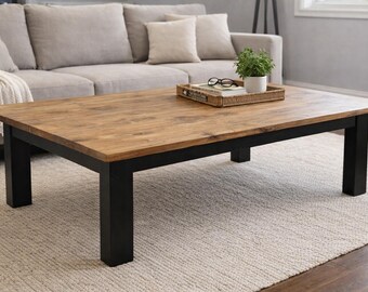 Mesa de centro de madera maciza hecha a mano / Base negra moderna / Mesa grande llamativa