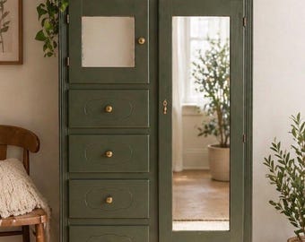 Vintage Green Armoire Wardrobe Cabinet, Cottage Storage Cabinet, Dark Academia Furniture, Painted Wood Wardrobe with Mirror
