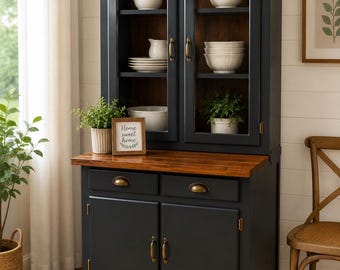 Vintage Glass Door Cabinet | Refinished Kitchen Hutch | Coffee Bar Cabinet | Pantry Storage | Farmhouse Cupboard