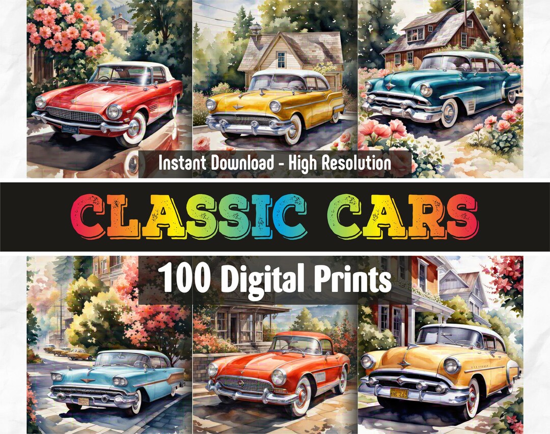 Cars Collection Print Floral Classic Cars Digital Paper Set – 100 Vintage Prints (PDF + JPG ...