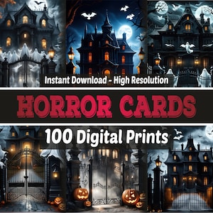 Cartões de terror de Halloween - 100 impressões digitais - Papéis digitais - Junk Journal - Álbum de recortes - Papéis para cartas - Papéis de Halloween - Impressões de terror
