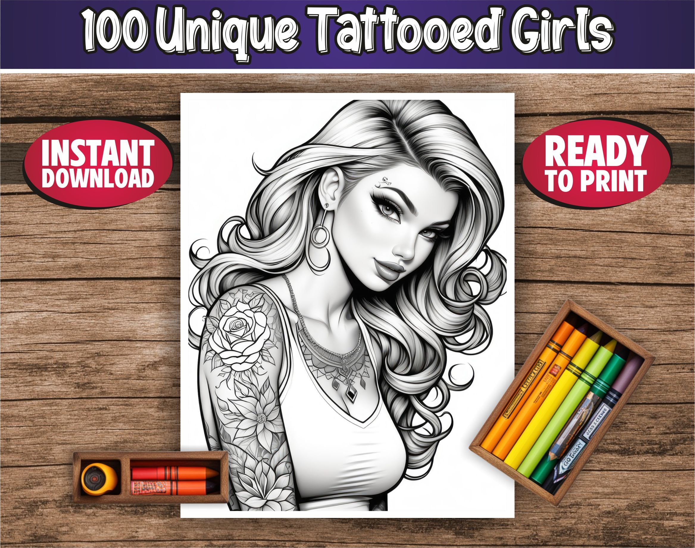 Tattooed Girls Coloring Book 100 Tattooed Girls Coloring Pages for Adults & for Kids Instant ...
