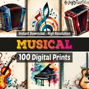 Muzikale digitale papers - 100 digitale prints – muziekdagboekpagina's bundel – plakboek – notitiekaartenbundel – muzikale illustraties
