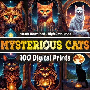 Papiers numériques Chats mystérieux - 100 impressions numériques - Carnet cartonné indésirable - 100 designs de t-shirts - Impressions numériques - Designs d'art mural