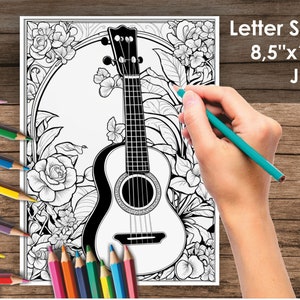 Floral Guitar Coloring Book – 28 Floral Guitar Coloring Pages for