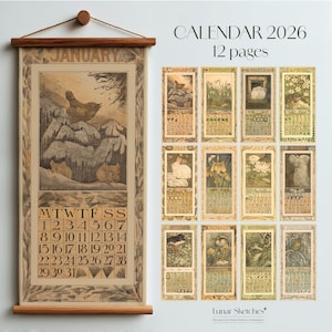 Puede incluir: Un calendario de 2026 con 12 páginas, con un diseño vintage. El calendario principal muestra el mes de enero con una ilustración de aves y animales. Calendarios más pequeños adicionales muestran diferentes meses con obras de arte con temas de la naturaleza. El texto "CALENDAR 2026" y "12 pages" son visibles.