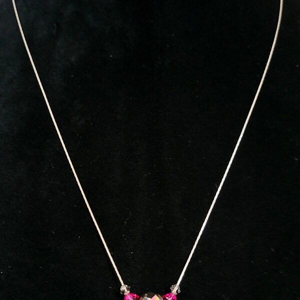 Silver Strand with Multifaceted Iridescent Pink and Clear Glass Beads Necklace