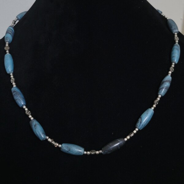 Blue Marble with Silver Accents Glass Beaded Necklace