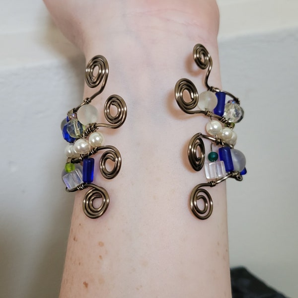 Beautiful Blue Green and White on Bronze Wire Beaded Bracelet