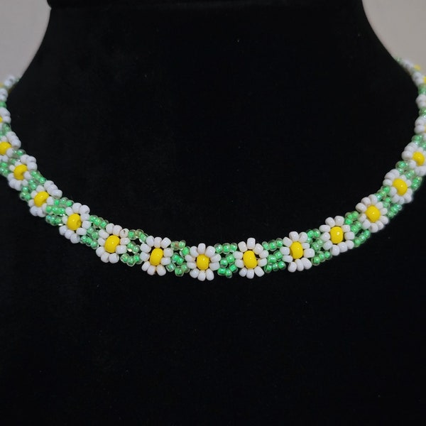 Green and Yellow Seed Bead Daisy Chain Glass Beaded Necklace