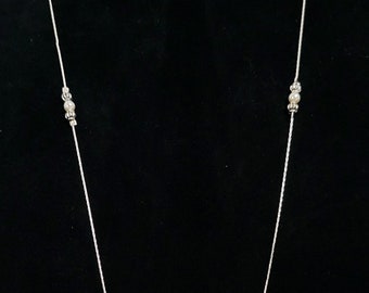 Long Drop Silver Strand with Pearl and Silver Beads Necklace