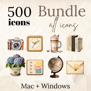 Puede incluir: Un paquete de arte digital con 500 iconos. La imagen incluye una cámara, un reloj, café, libros, flores en macetas, un bloc de notas, un globo terráqueo y un sobre con una bombilla. El texto dice "500 icons Bundle all icons Mac + Windows."