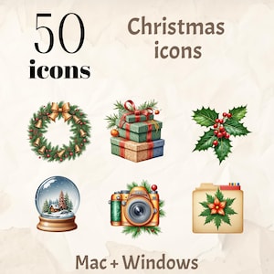 May include: A set of 50 Christmas icons for Mac and Windows. The icons feature a variety of festive images, including a wreath, a stack of presents, a holly sprig, a snow globe, a camera, and a folder with a poinsettia.