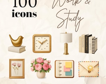 Ikony pulpitu do pracy i nauki – 100 minimalistycznych ikon na komputery Mac i Windows (PNG + ICO) | Realistyczna estetyka cyfrowa | Zestaw folderów i obiektów