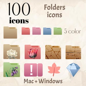 100 Desktop Folder Icons in 5 colors for MAC and Windows, Pc, Digital download ICO & PNG