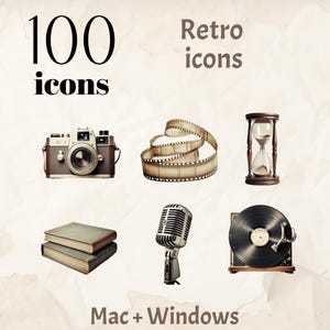 Könnte beinhalten: Ein Satz von 100 Retro-Icons für Mac und Windows. Die Icons beinhalten eine Vintage-Kamera, eine Filmrolle, eine Sanduhr, ein Mikrofon und einen Plattenspieler.