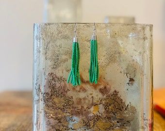 Beaded Tassel Earrings | Kelly green bead earrings | Gift for Her