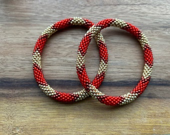Nepal Bracelets | Handcrafted Red and Gold Glass Bead Crochet Bracelets - Set of Two | Gift for Her