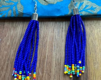 Beaded Tassel Earrings | Matte blue and mix beads | Gift for Her