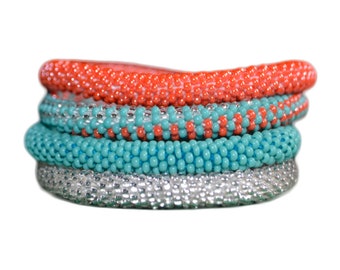 Nepal Bracelets | Handcrafted Orange Turquoise Silver | Crochet Bracelets - Set of Four | Gift for Her | Spring Fashion