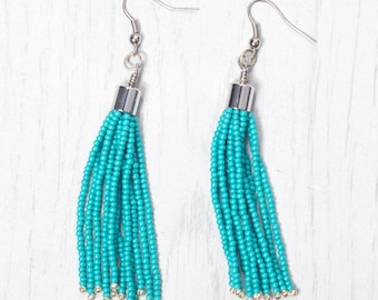 Beaded Tassel Earrings | Turquoise blue and silver | Gift for Her