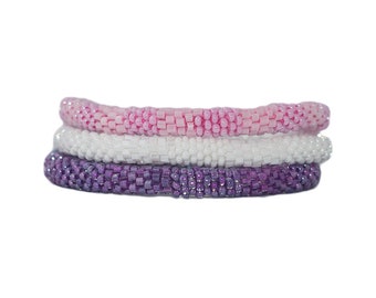 Nepal Bracelets | Handcrafted Hot Pink, White, and Purple Bracelets | Crochet Bracelets - Set of Three | Gift for Her | Spring Fashion