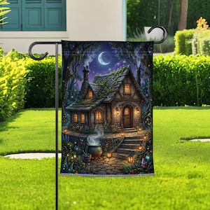Whimsical Witchy Cottage Garden Flag, Enchanted Forest Fairy House Yard Decor, Moonlit Magic Garden Banner, Fantasy Art Outdoor Welcome Sign