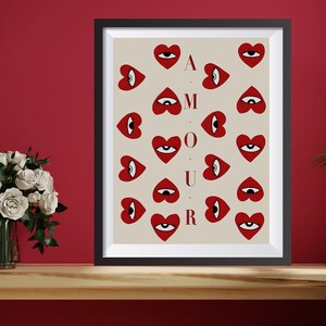 Valentines Day Poster, Amour Heart Poster, Valentines Day Love Amour Wall Art, Red Beige Decor, Valentines Day Gift, Couple Gift İdea